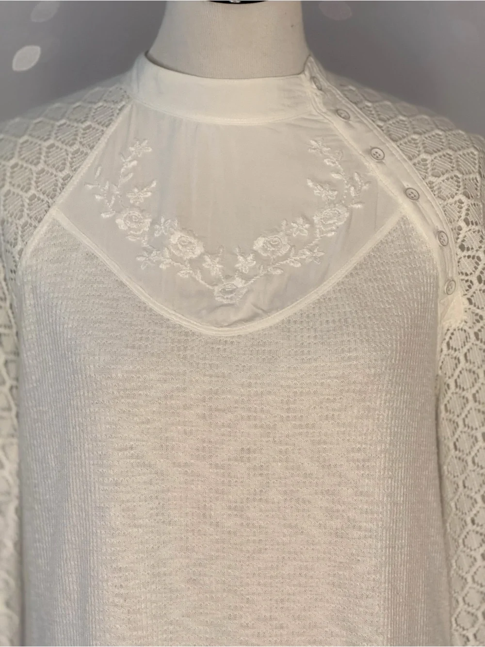 Free People Sweetest Thing Thermal Top Ivory Lace Sleeve Boho Cottagecore